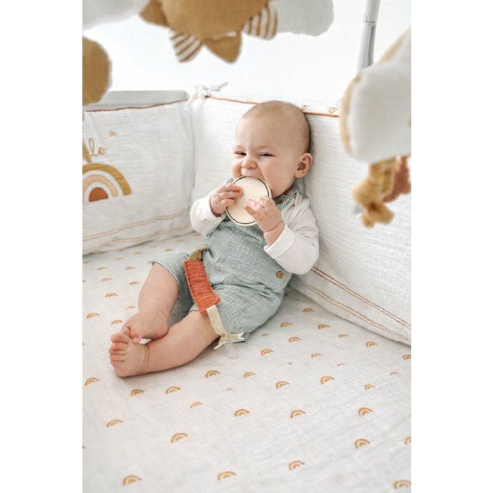SAUTHON Adjustable Cot Bumper - SUNLIGHT - 100% Cotton - Ecru with Rainbow Pattern