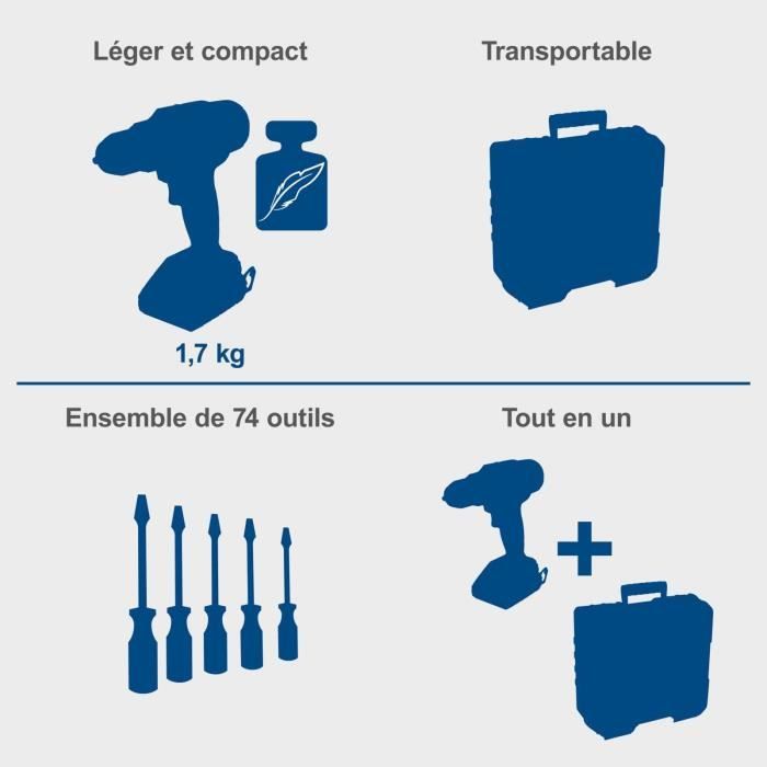 SCHEPPACH C-DTB74/2-X Cordless Drill Driver Kit - 50Nm, 13 mm Chuck + 74 Accessories