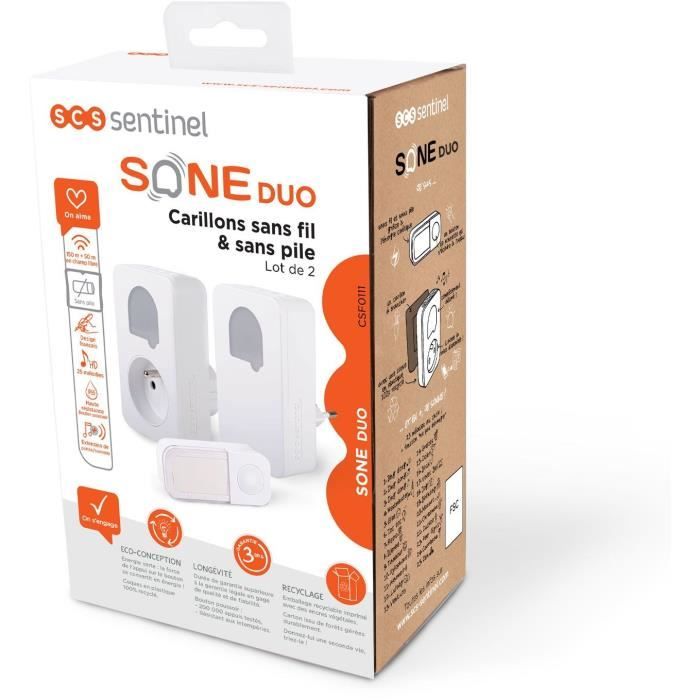 Carillons - SCS SENTINEL - SONE DUO - Sans fil et sans pile - Lot de 2 - Portée 150+50 metres - Auto-alimenté