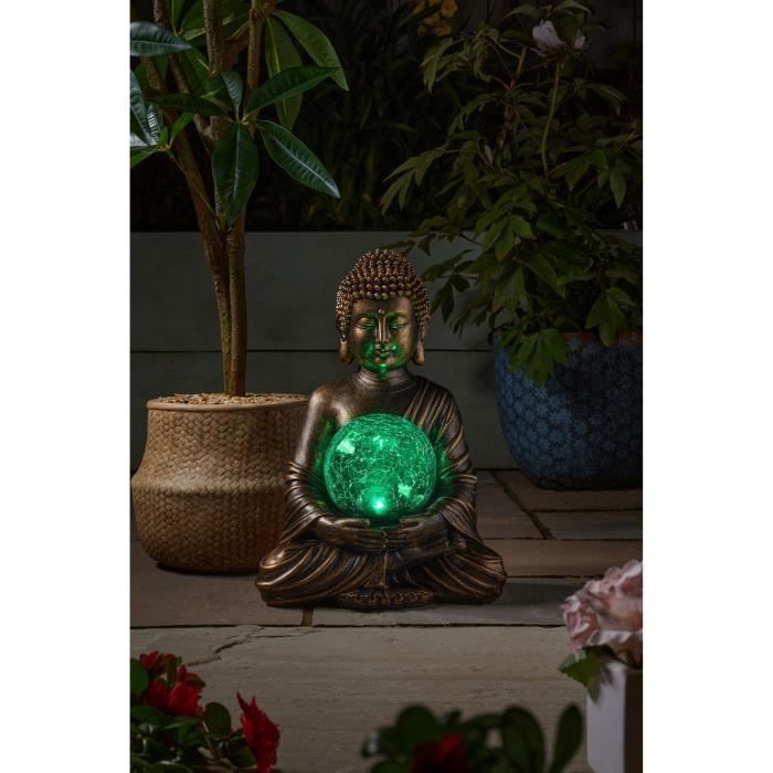 Buddha Garden Decoration with Solar Globe - 12 cm Crackled Glass - 10 Warm White LEDs - 35x26x23cm