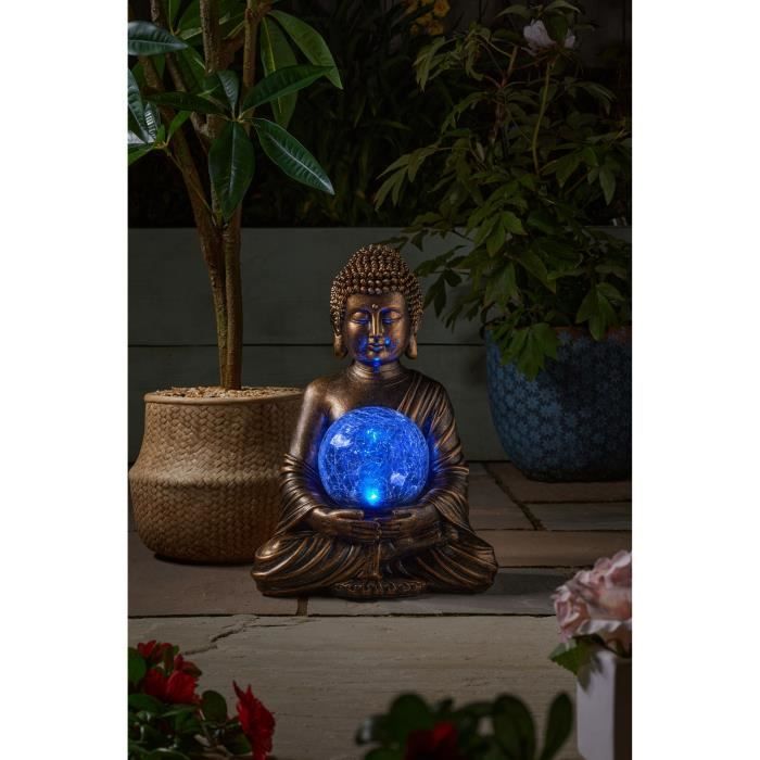 Buddha Garden Decoration with Solar Globe - 12 cm Crackled Glass - 10 Warm White LEDs - 35x26x23cm