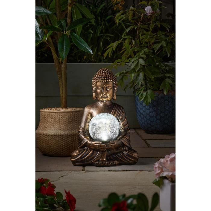 Buddha Garden Decoration with Solar Globe - 12 cm Crackled Glass - 10 Warm White LEDs - 35x26x23cm