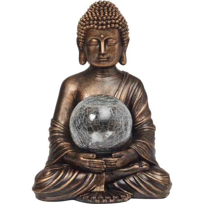Buddha Garden Decoration with Solar Globe - 12 cm Crackled Glass - 10 Warm White LEDs - 35x26x23cm