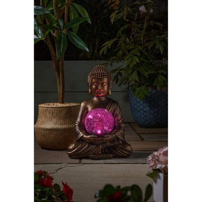 Buddha Garden Decoration with Solar Globe - 12 cm Crackled Glass - 10 Warm White LEDs - 35x26x23cm