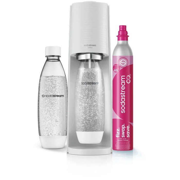 SODASTREAM Soda Maker - TERRA White - 2 Dishwasher-Safe Bottles - 1 x 60 L Gas Refill