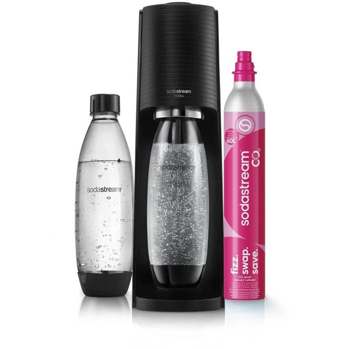 SODASTREAM Soda Maker - TERRA Black - 2 Dishwasher-Safe Bottles - 1 x 60 L Gas Refill