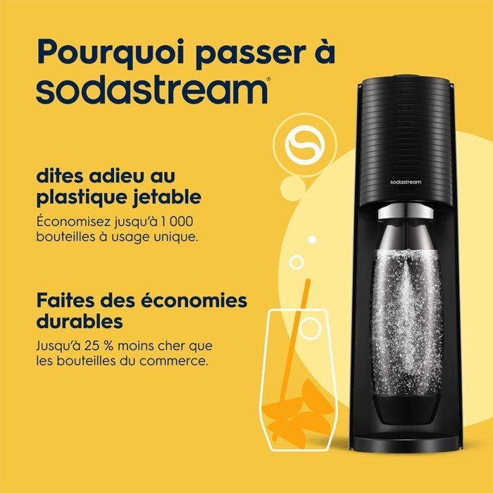 SODASTREAM Soda Maker - TERRA Black - 2 Dishwasher-Safe Bottles - 1 x 60 L Gas Refill