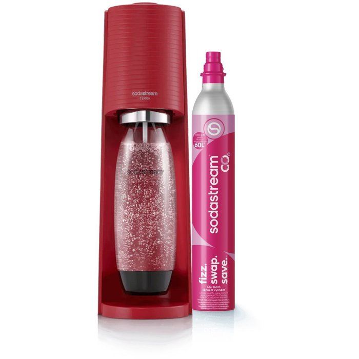 SODASTREAM Soda Maker - TERRA Red - 1 Dishwasher-Safe Bottle - 1 x 60 L Gas Refill