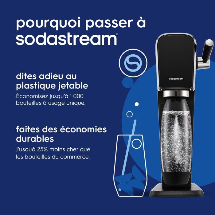 Machine a soda et eau pétillante - SODASTREAM - ART - 1 bouteille compatible lave-vaiselle - 1 recharge de gaz 60 L - Noir