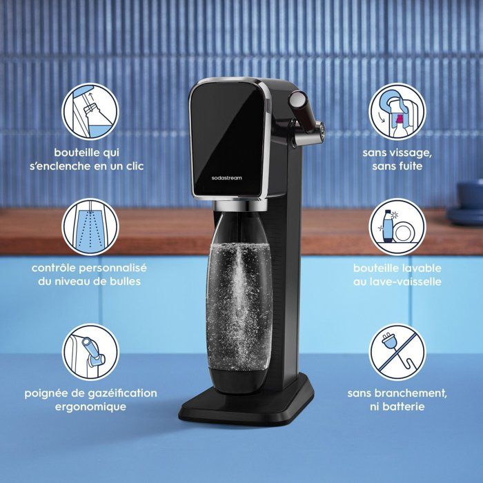 Machine a soda et eau pétillante - SODASTREAM - ART - 1 bouteille compatible lave-vaiselle - 1 recharge de gaz 60 L - Noir