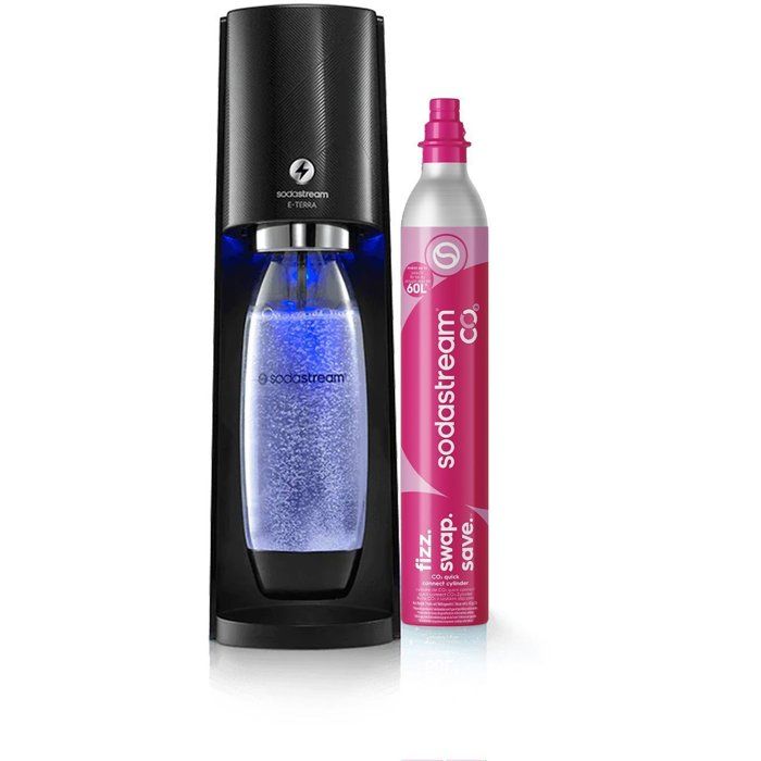 SODASTREAM Soda Maker - E-TERRA - 1 Dishwasher-Safe Bottle - 1 x 60 L Gas Refill - Black