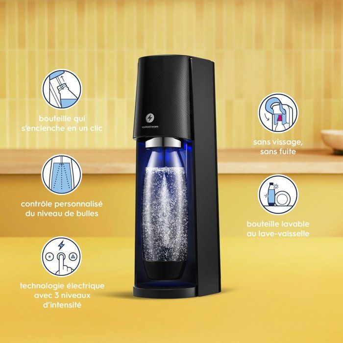 SODASTREAM Soda Maker - E-TERRA - 1 Dishwasher-Safe Bottle - 1 x 60 L Gas Refill - Black