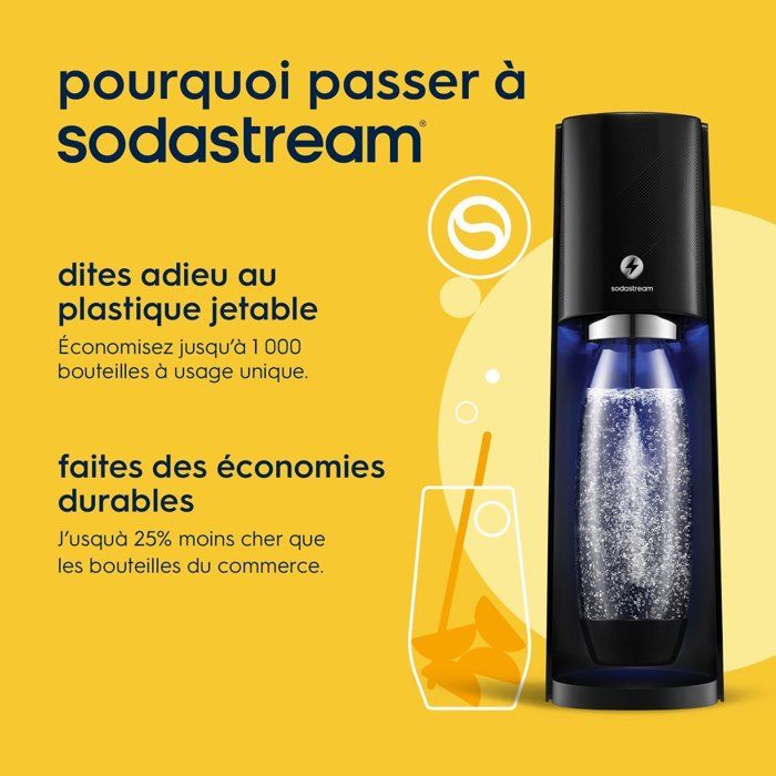 SODASTREAM Soda Maker - E-TERRA - 1 Dishwasher-Safe Bottle - 1 x 60 L Gas Refill - Black
