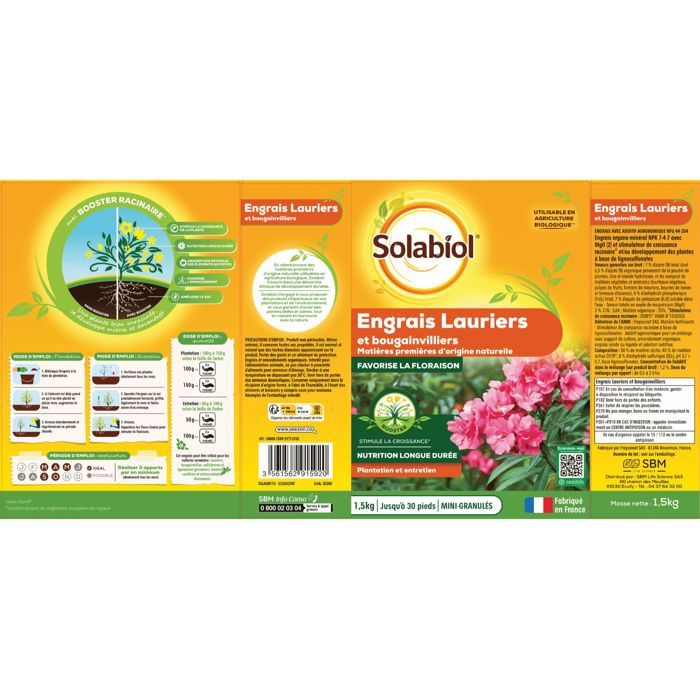 SOLABIOL Laurel & Bougainvillea Fertilizer - 1.5 kg - Up to 30 plants - Promotes flowering and growth
