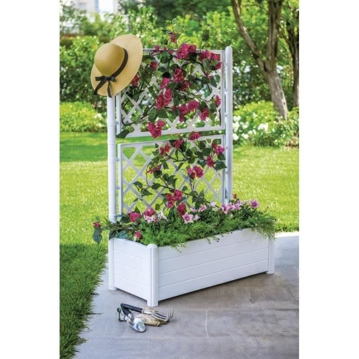 STEFANPLAST Rectangular Flower Box with Trellis - Wood Effect - 100 x 43 x H 142 cm - 80 L - White