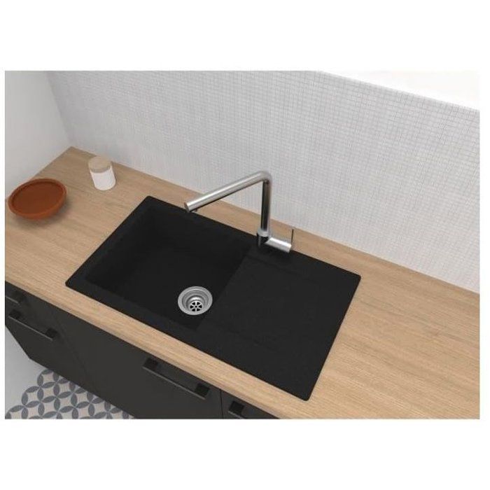 STRADOUR EINNA Inset Kitchen Sink - 1 Bowl - Black Glitter - 78 x 43.5 cm - Manual Waste