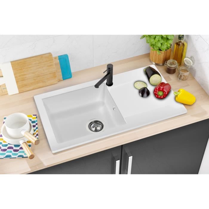 STRADOUR EINNA Inset Kitchen Sink - 1 Bowl - Plain White - 78 x 43.5 cm - Manual Waste
