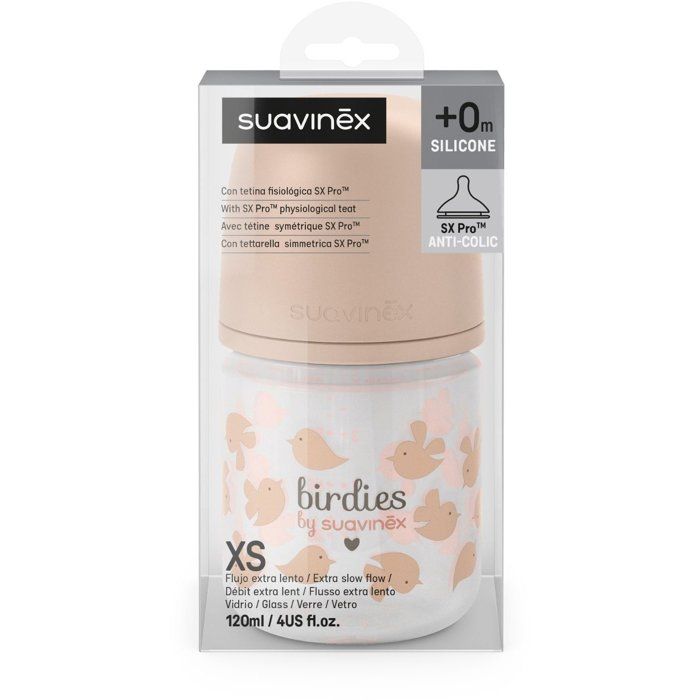 Glass baby bottle - SUAVINEX - Birdies - SX Pro XS teat - 120 ml - 0 to 3 months - Pink