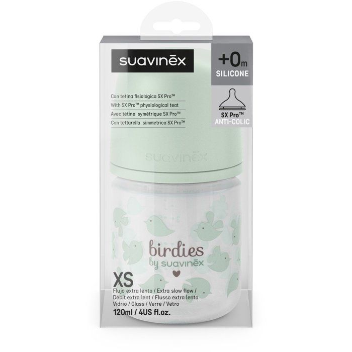 Glass baby bottle - SUAVINEX - Birdies - SX Pro XS teat - 120 ml - 0 to 3 months - Green