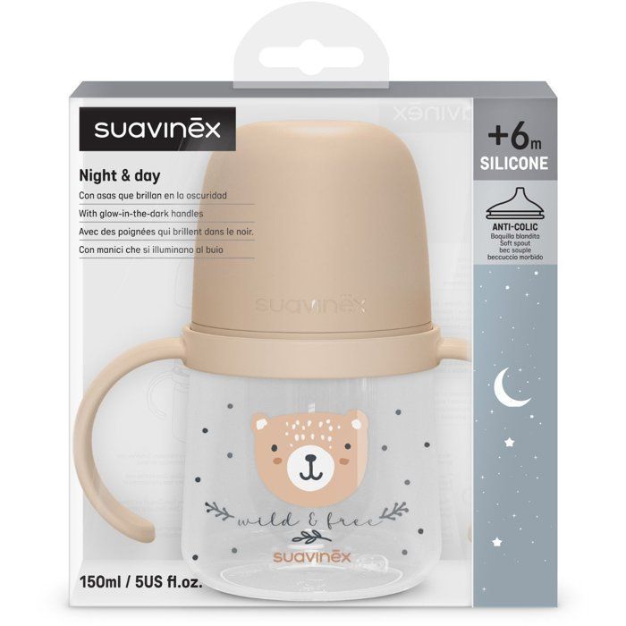 Baby bottle with handles - SUAVINEX - NIGHT&DAY WILD&FREE - 150 ml - 6 months and over - Brown