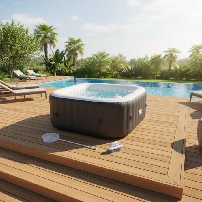 ALL-INCLUSIVE SUNSPA KIT: 4-person square inflatable spa and accessories: 2 headrests, filter, skimmer net, brush, mat, cover