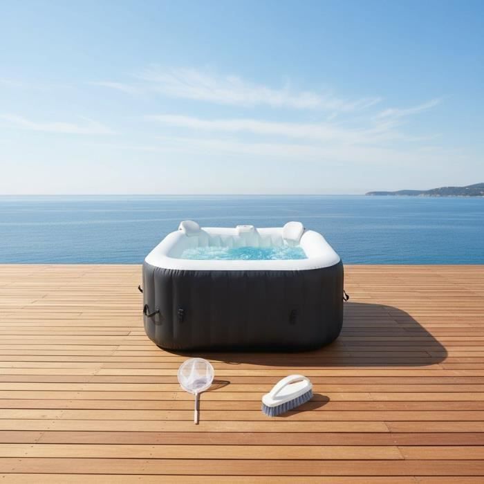 ALL-INCLUSIVE SUNSPA KIT: 4-person square inflatable spa and accessories: 2 headrests, filter, skimmer net, brush, mat, cover