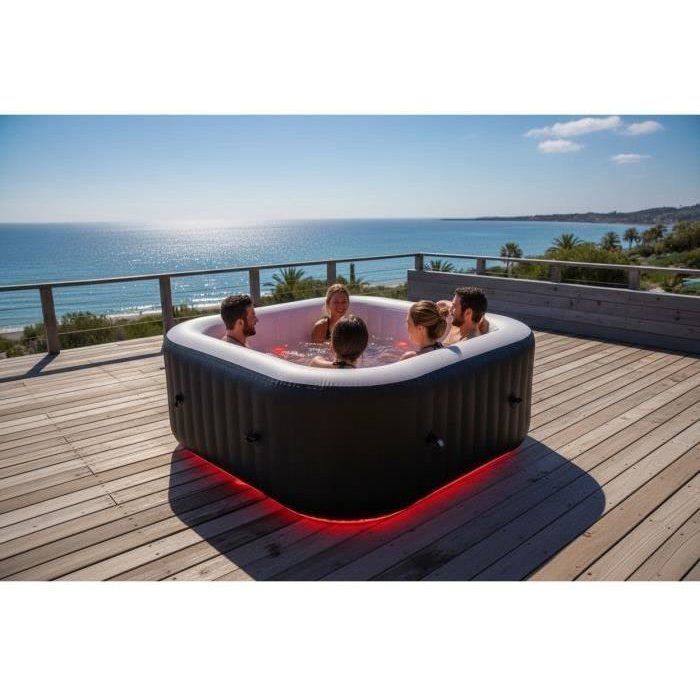Spa gonflable avec bandeau LED SUNSPA - AC02-LED - 185 x 65 cm - 6 places - Carré (Avec filtre, cadenas, tapis de sol et