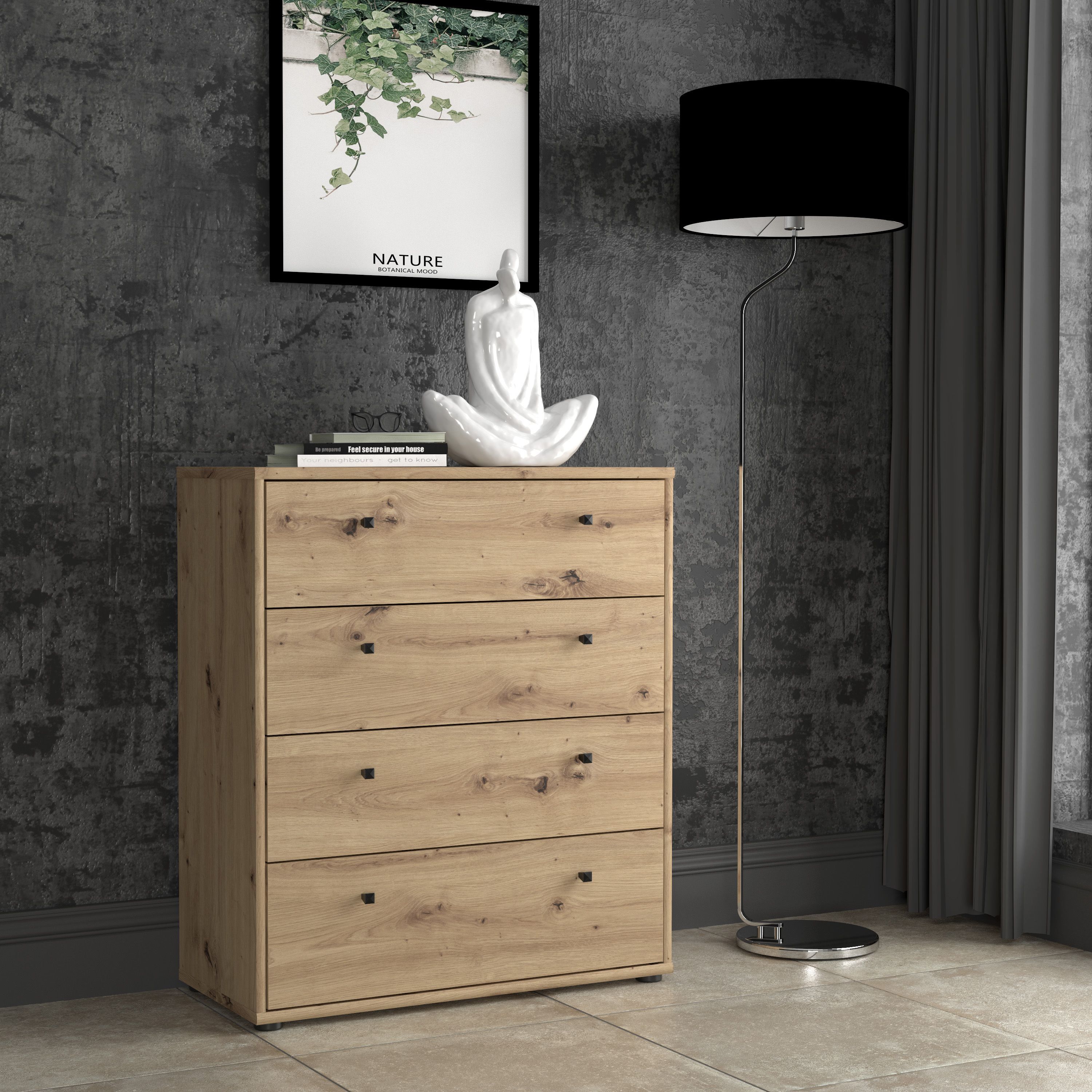 TEMPRA Chest of Drawers - 4 Drawers - Artisan Oak Finish - W73.7 x D34.8 x H85.5 cm 4-Drawer