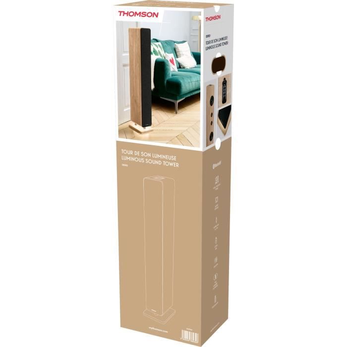 Bluetooth Sound Tower - THOMSON - Wood/Black - 120W, Optical, USB, Equalizer, TWS, Remote Control, 230V Power Supply
