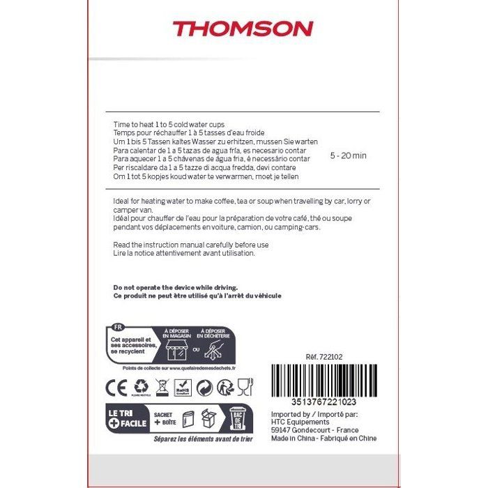 THOMSON 24V Electric Kettle - 1.3 L - 250W - With 0.75 m Cigarette Lighter Cord
