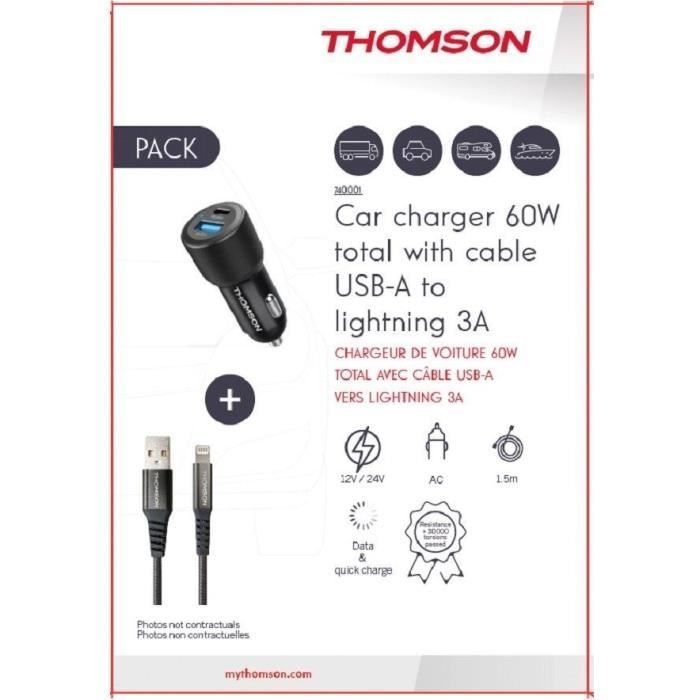 Car charger and cable pack - THOMSON - 12/24V 60W car charger + high-performance 3A A to L cable - 1.50 m length