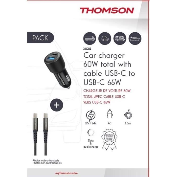 Car charger and cable pack - THOMSON - 12/24V 60W car charger + 65W high-performance C to C cable - 1.50 m length