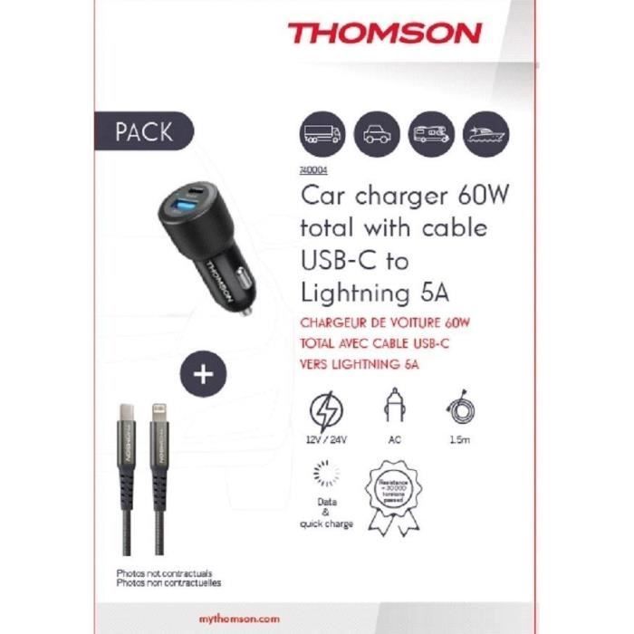 Car charger and cable pack - THOMSON - 12/24V 60W car charger + high-performance 5A C to L cable - 1.50 m length