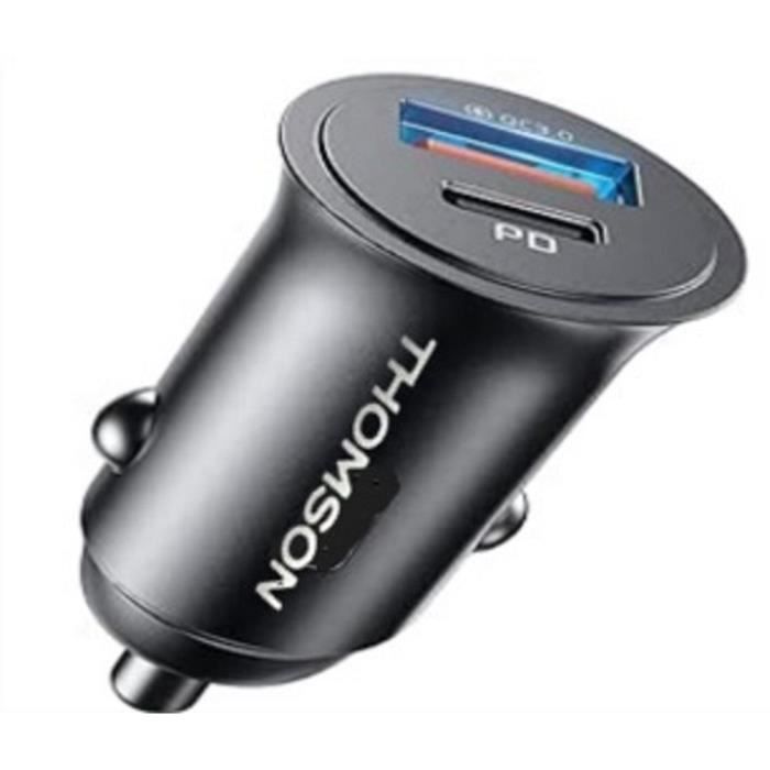 Chargeur voiture THOMSON ULTRA-COMPACT 12/24 V  USB-C PD 20 W + QC 3.0 18 W (Puissance totale : 30 W)