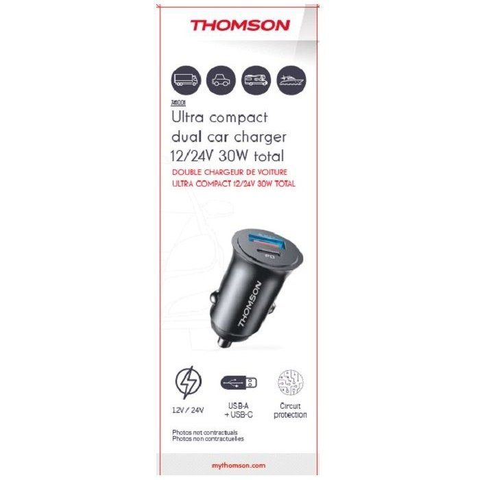Chargeur voiture THOMSON ULTRA-COMPACT 12/24 V  USB-C PD 20 W + QC 3.0 18 W (Puissance totale : 30 W)
