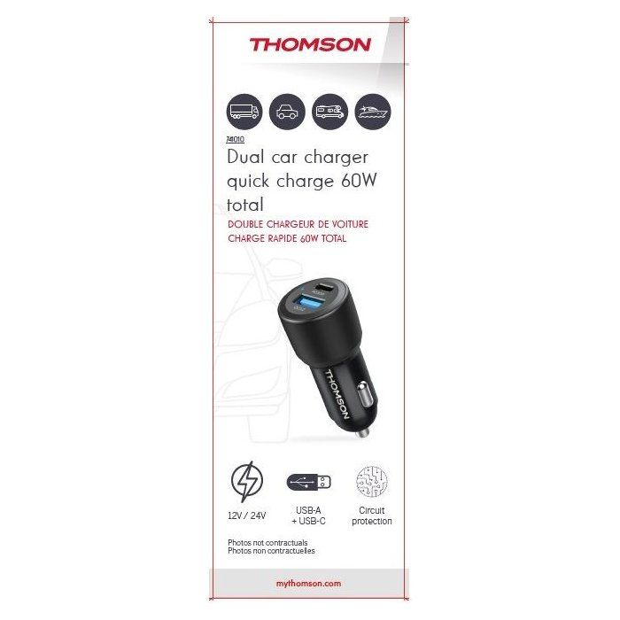 THOMSON 12/24V 60W Car Charger - USB-C PD 30W + USB-A QC 3.0 30W - Overvoltage, Overcurrent, Short-Circuit Protection THOMSON-12/24V-60W