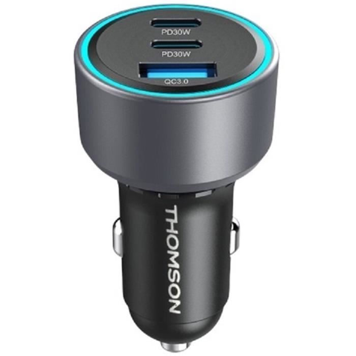THOMSON Car Charger - 12/24V - 60W - 2x USB-C PD 30W + USB-A QC 3.0 18W - Overvoltage, Overcurrent, Short-Circuit Protection