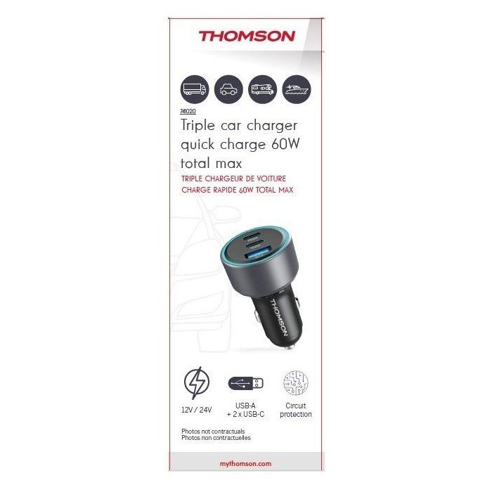 THOMSON Car Charger - 12/24V - 60W - 2x USB-C PD 30W + USB-A QC 3.0 18W - Overvoltage, Overcurrent, Short-Circuit Protection