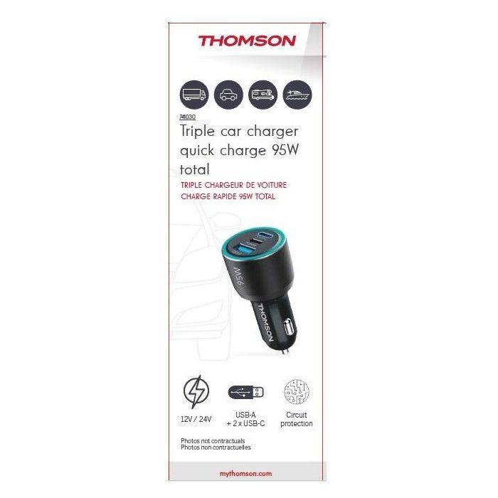 THOMSON Car Charger - 12/24V - 95W - 2x USB-C PD 65W + PD 30W + USB-A QC 3.0 18W - Fast Charging