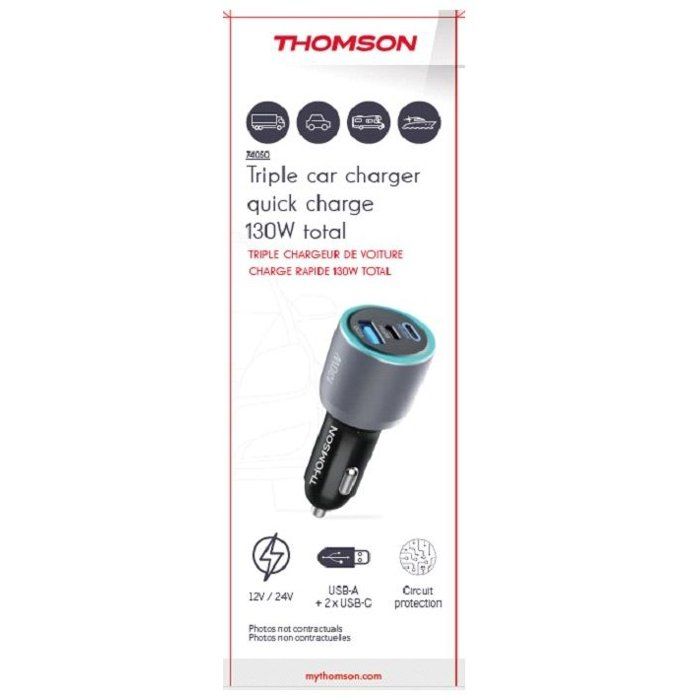 THOMSON Car Charger - 12/24V - 130W - 2x USB-C PD 100W + PD 30W + USB-A QC 3.0 18W - GaN Technology