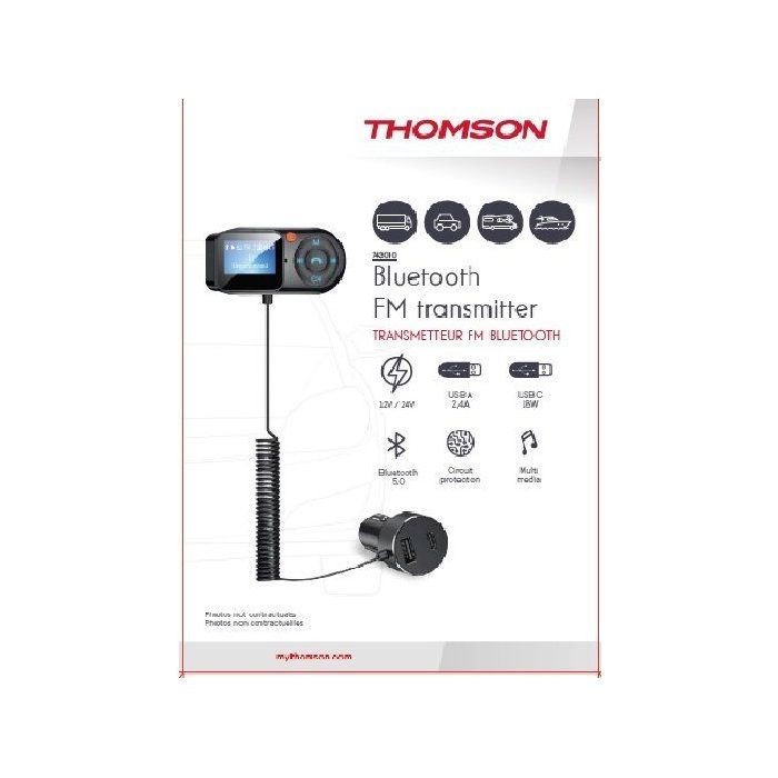 THOMSON Bluetooth FM Transmitter - 12/24V - Remote Display - 1 m Coiled Cable