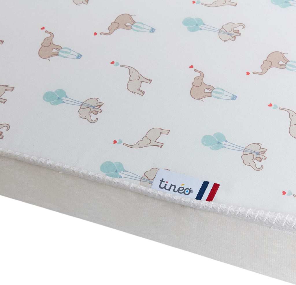 TINEO Mattress - COMFORT FUN - 60 x 120 cm - 8 cm Thick - White/ Elephants