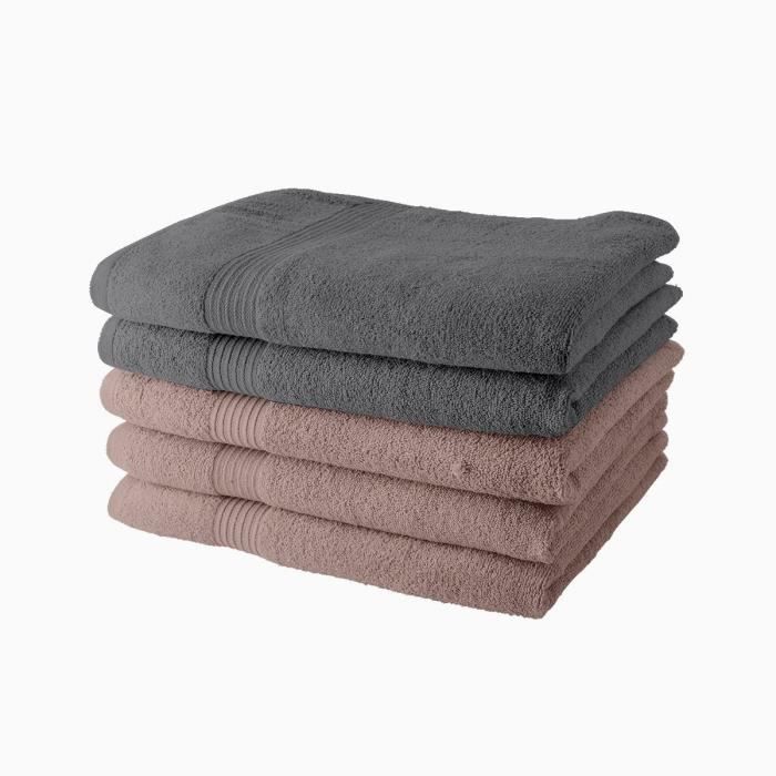 TODAY Bath Towels Set of 5 70x130 cm 100% Cotton - 3 Sand Roses + 2 Steel