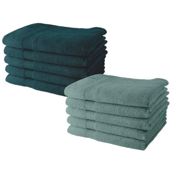TODAY Set of 10 Bath Towels - 50 x 90 cm - 100% Cotton - 5 Peacock + 5 Celadon