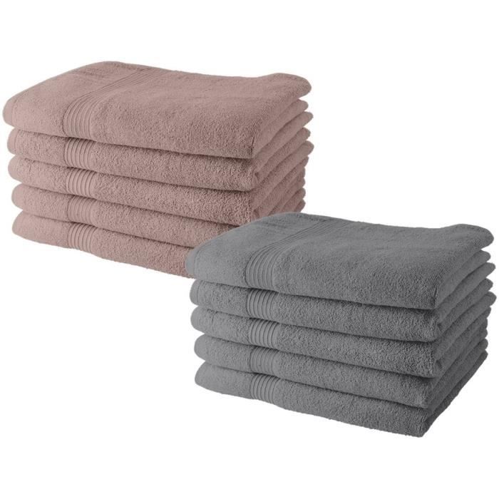 TODAY Set of 10 Bath Towels - 50 x 90 cm - 100% Cotton - 5 Desert Roses + 5 Steel