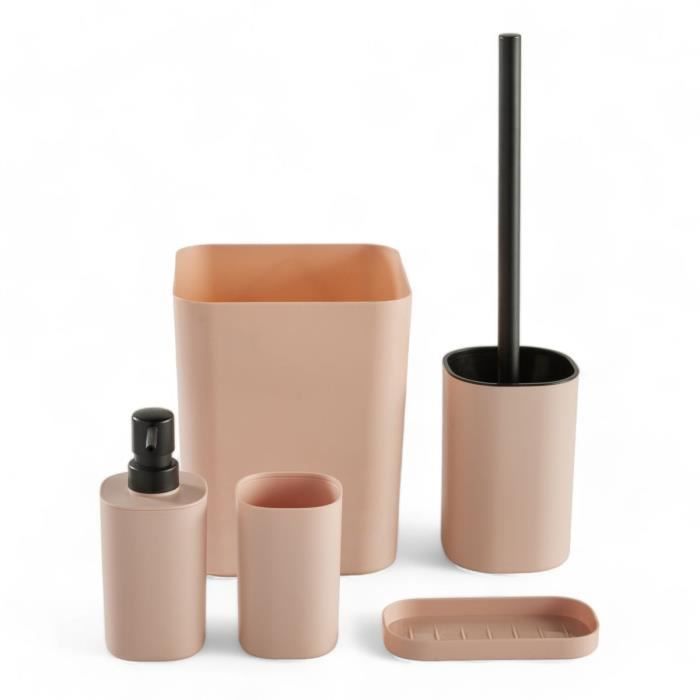 TODAY UTILITY 5-Piece Bathroom Accessory Set - Soap Dispenser, Toothbrush Holder, Soap Dish, Toilet Brush, Wastebasket - Pink