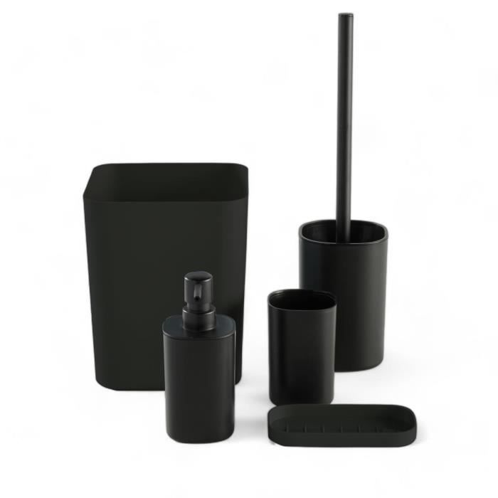 TODAY 5-Piece Bathroom Accessory Set - Black - Soap Dispenser, Toothbrush Holder, Soap Dish, Toilet Brush, Waste Bin