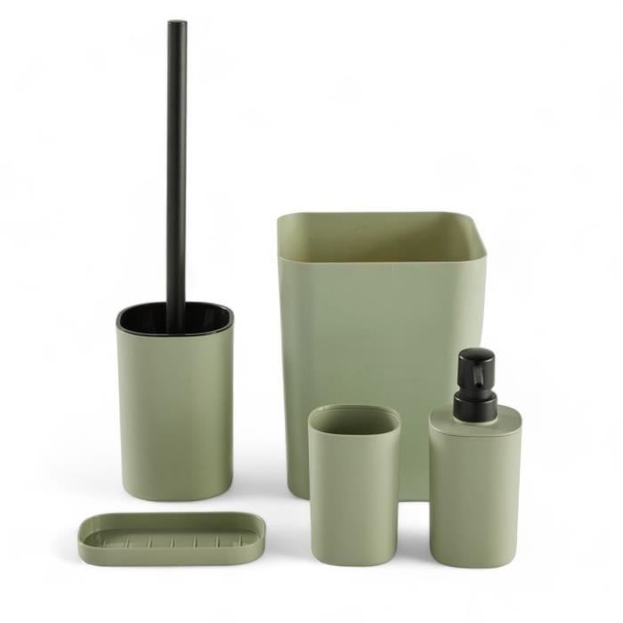 TODAY 5-Piece Bathroom Accessory Set - Green - Soap Dispenser, Toothbrush Holder, Soap Dish, Toilet Brush, Waste Bin