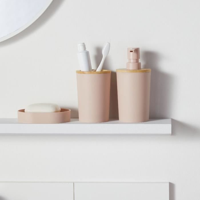 TODAY Set of 6 Bathroom Accessories - Soap Dispenser, Tumbler, Toothbrush Holder, Soap Dish, Toilet Brush, Bin - Pink