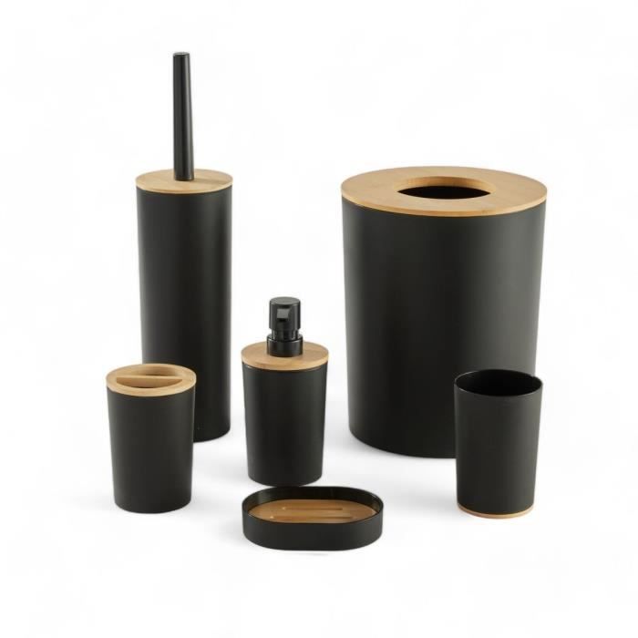 TODAY Set of 6 Bathroom Accessories - Soap Dispenser, Tumbler, Toothbrush Holder, Soap Dish, Toilet Brush, Waste Bin - Black